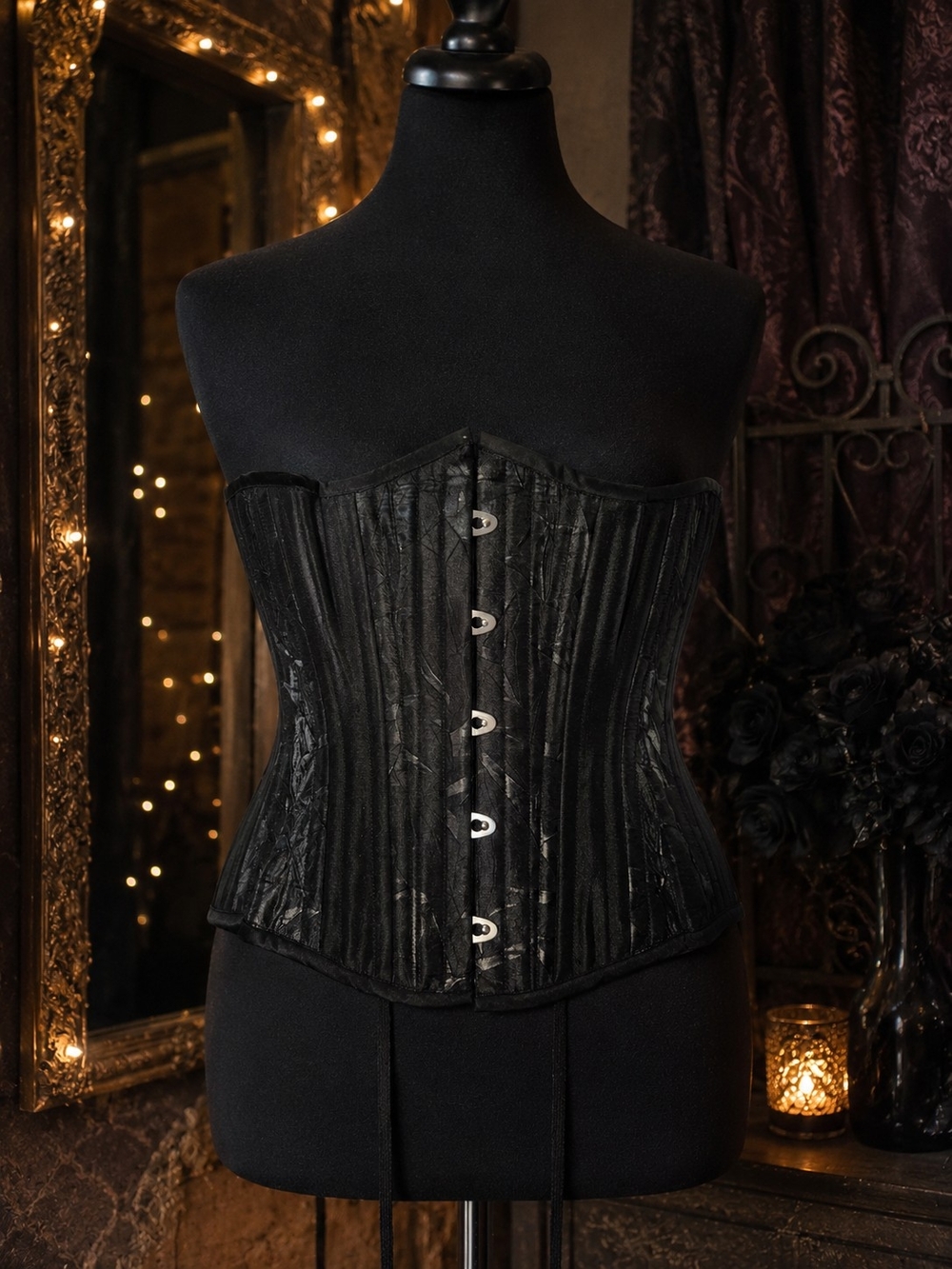 Vintage Black Satin Corset Waist Cincher Lace Up Gothic Burlesque Sz 22